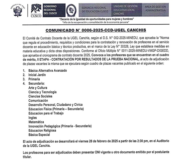 COMUNICADO N° 0006-2025-CCD-UGEL, CANCHIS